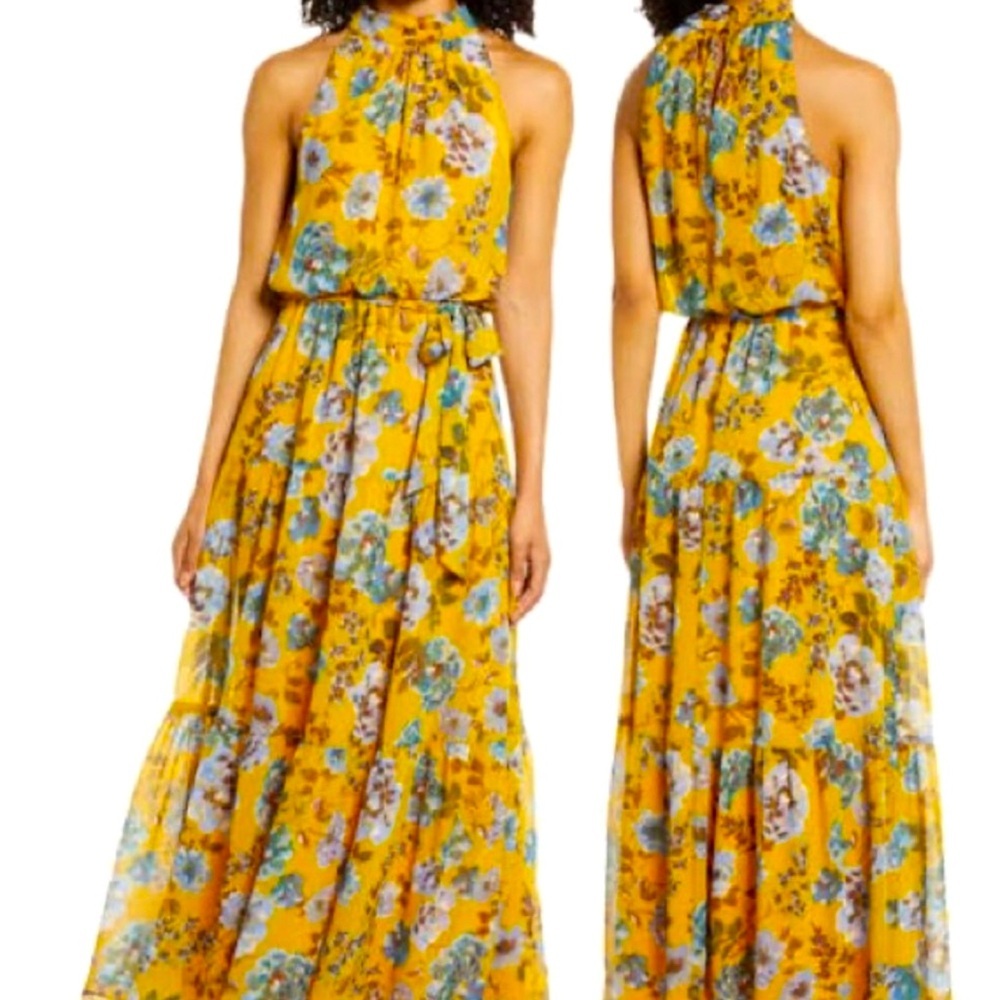 JULIA JORDAN maxi dress mustard yellow blue floral tiered lined chiffon size 16 - Picture 1 of 15